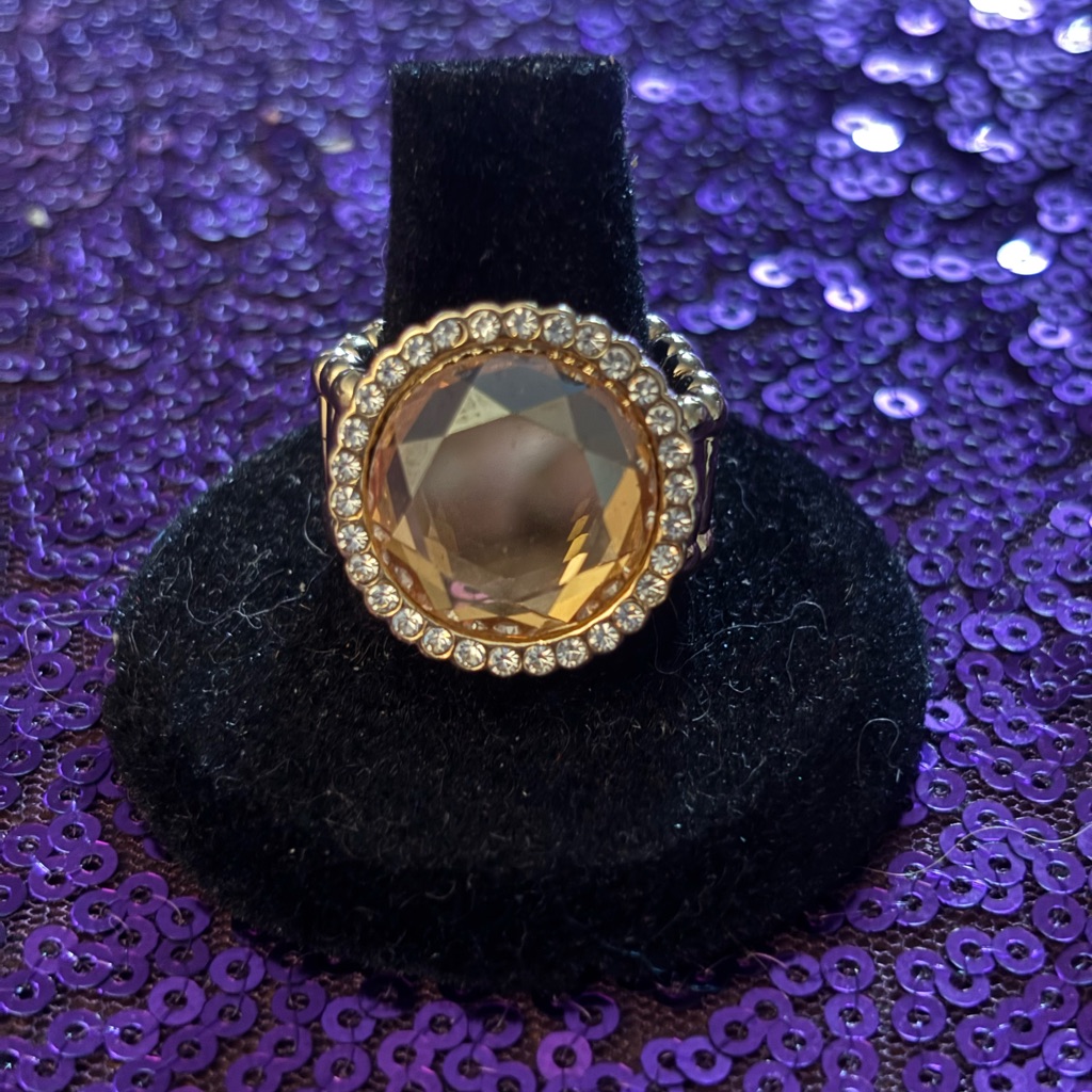 Classic Gold-Tone Amber Crystal Ring With Clear Halo